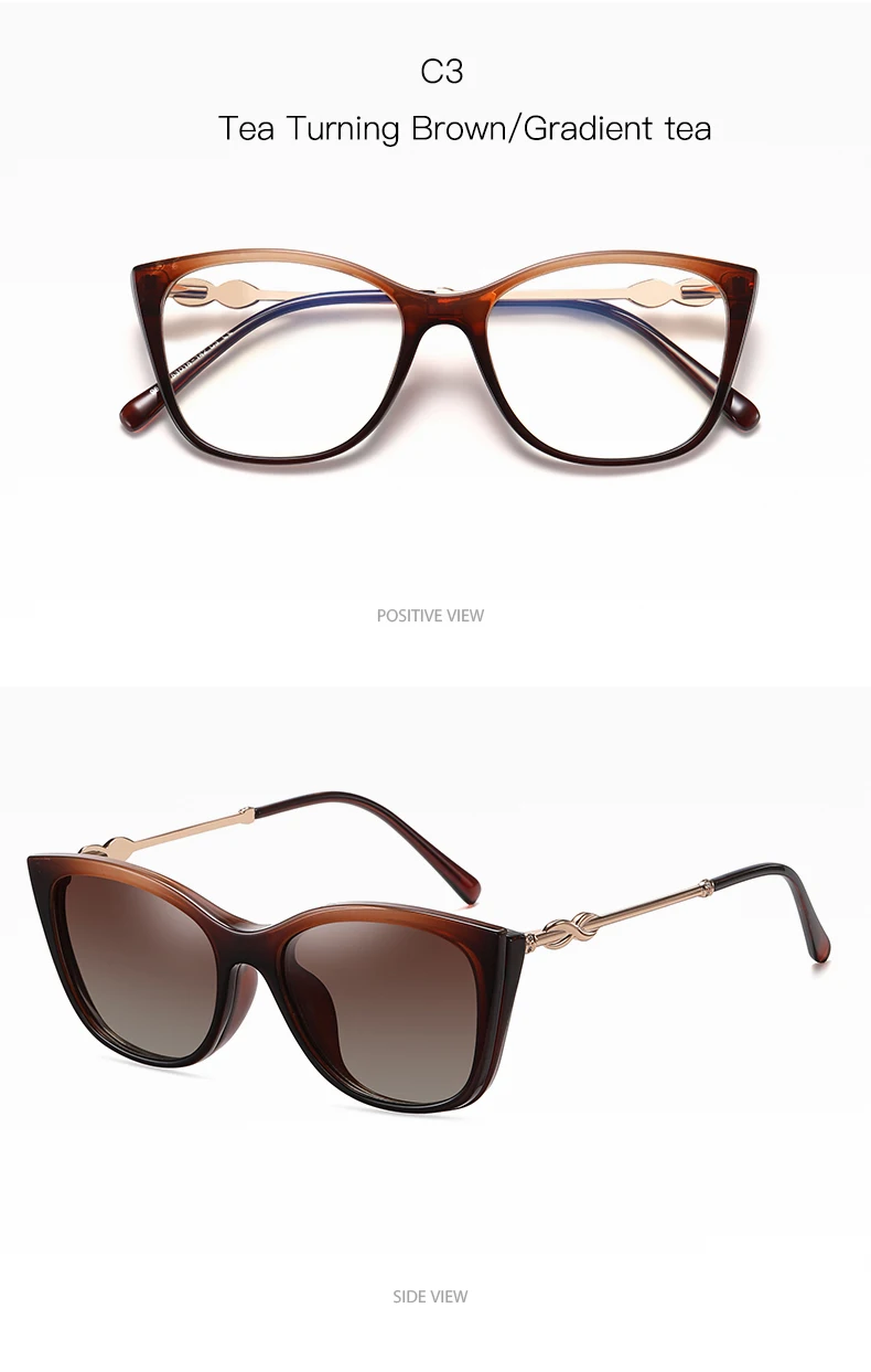Magnetische polarisierte Sonnenbrille für Damen, modisch, Cat-Eye, 2-in-1-Clip auf Damen, Anti-Blaulicht-Brillengestelle, TR90-Metallbrille – Detail 18