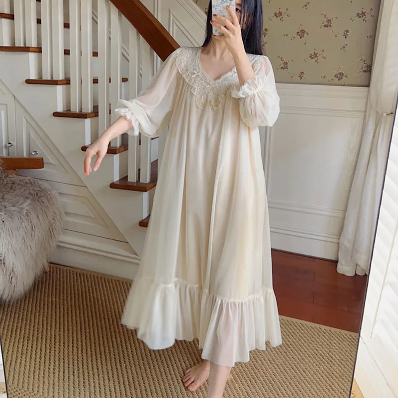 Women Sweet V-Neck Full Sleeves Nightgowns Princess Vintage Long Mid-Calf Gauze Nightgowns Loose Design Victoria Nightie New