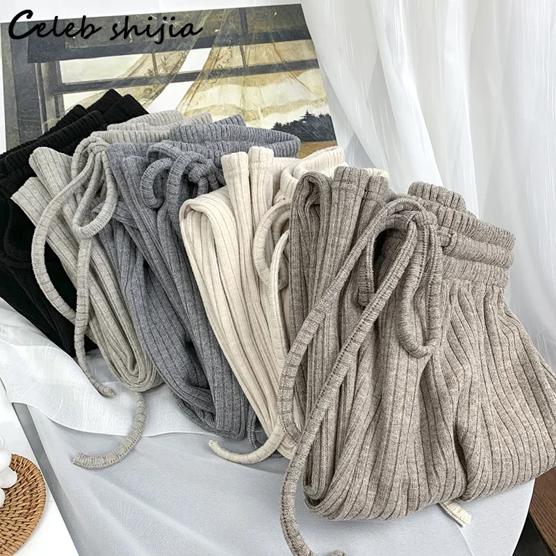 

New Chic Autumn Wool Knit Pants Woman High Waist Apricot Khaki Loose Straight Leg Pant Female Korean Winter Street Trousers Mom