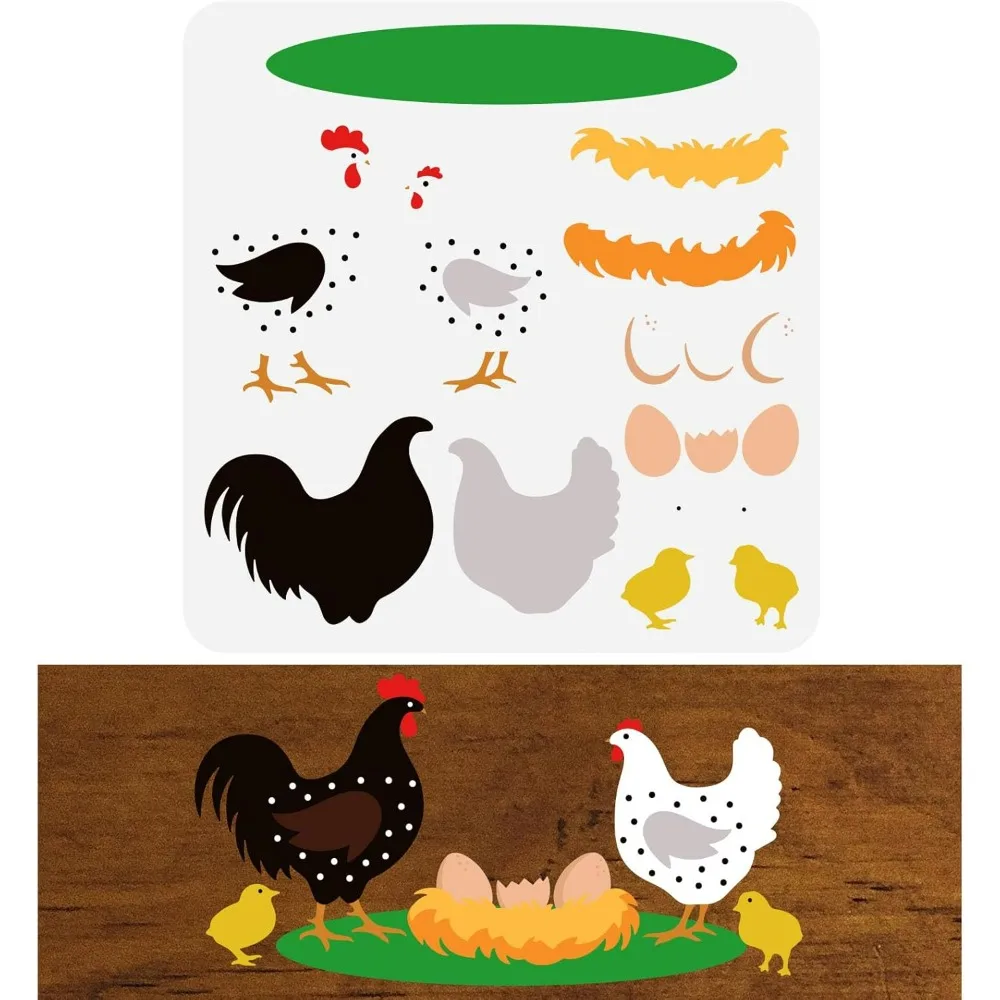 Layered Chicken Stencil 11.8x11.8inch Reusable Farmhouse Chickens and Eggs Drawing Stencils DIY Craft Hen Coop Decoration