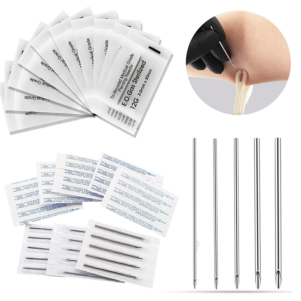 ﻿ 100/50pcs Body Piercing Needles Surgical Steel 12/14/16/18/20G Sterile Disposable Sterilized Piercing Needle Tattoo Ear Nose