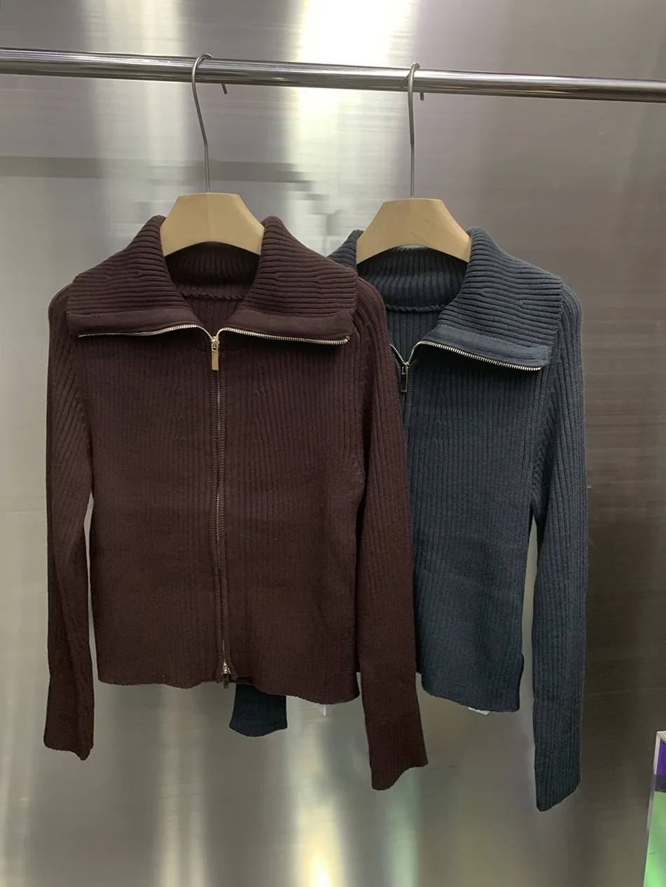 

Double Zipper Design Knitwear Pure Color Simple Collar Casual Aosphere Outerwear Women's Slim Fit Long Sve Woolen Cardigan