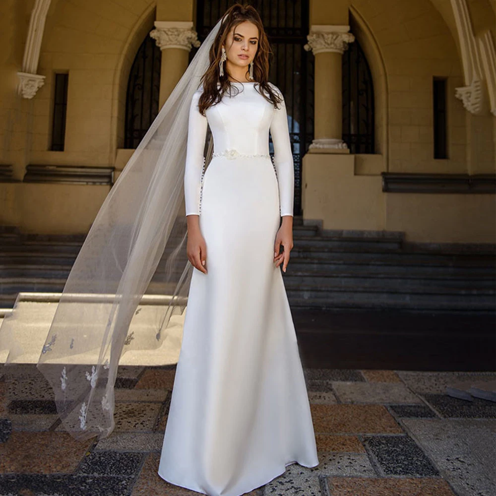 

LAYOUT NICEB Simple Satin Wedding Dress Long Sleeves Scoop Collar Buttons Applique Belt Sweep Train Women Bride Gown Custom Made