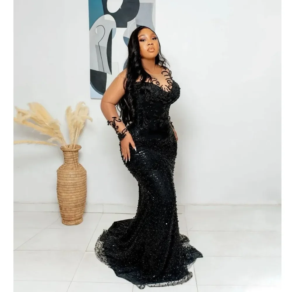 Aangepaste luxe zwarte zeemeermin 3D kant parel borduurwerk dames avondjurk V-hals lange mouw verjaardag verlovingsbaljurk