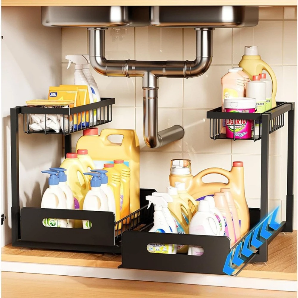 2-Tier Pull Out Under Sink Organizer Sliding Drawer Cabinet Storage Rack Multi-purpose Kitchen Countertop Spice Bottle Holder
