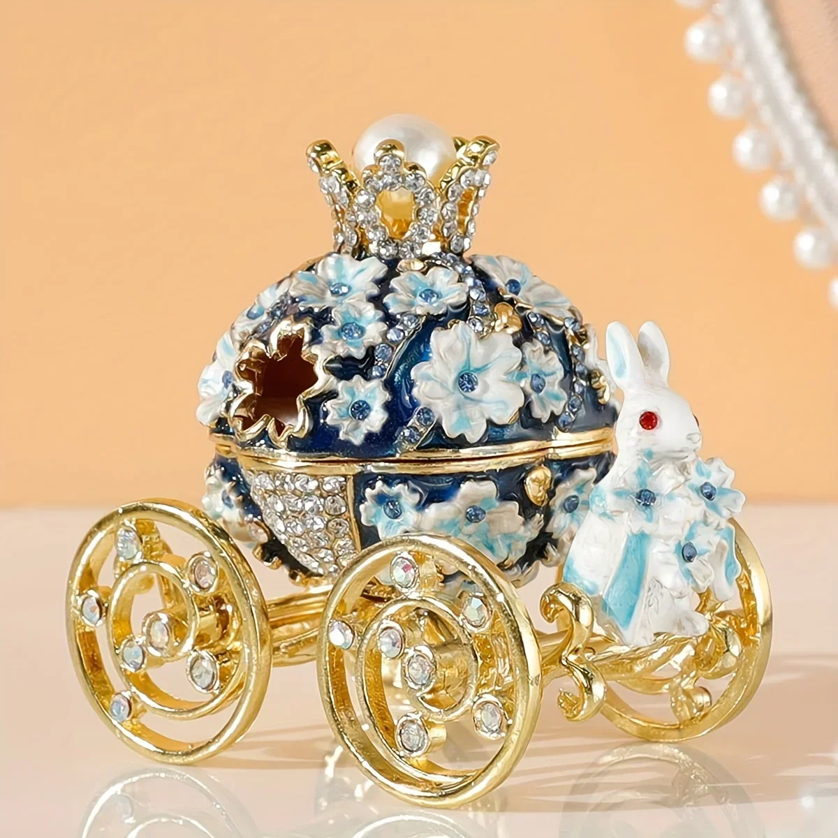 

1pc Pink Cherry Blossom Rabbit Carriage Jewelry Box Enamel Craft Alloy Box Small Gift Ornament Bottles