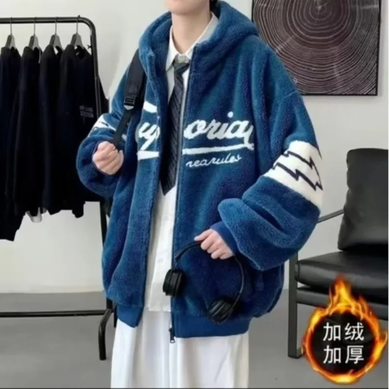 New Lamb Fleece Jacket Men Winter Thickened Korean Version Hoodie Trend Y2k Loose Couple Streetwear Y2k Warm Hooded Coat Jackets