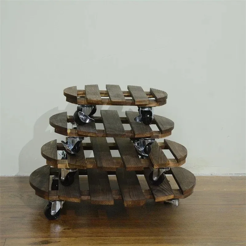 Solid Wood Circular Universal Wheel Flowerpot Wooden Holder with Wheel Flowerpot Base Carbonized Wood Mobile Flowerpot Base