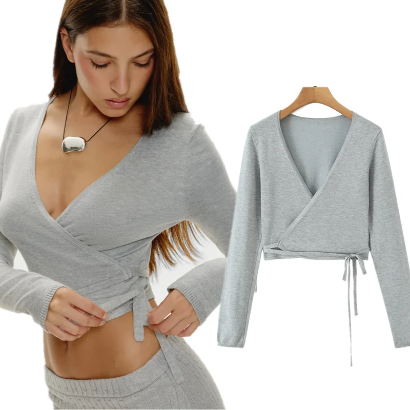 

Maxdutti минималистичный серый цвет свитер с v-образным вырезом и запахом с длинными рукавами на шнуровке женский свитер трикотаж женская одежда топы