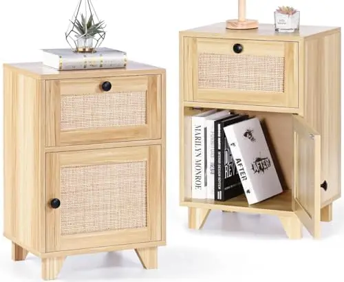 

Rattan Nightstand Set of 2, Mid Century Modern Side Tables with Handmade Rattan Decorated Door, Set of 2 Nightstands for Bedroom