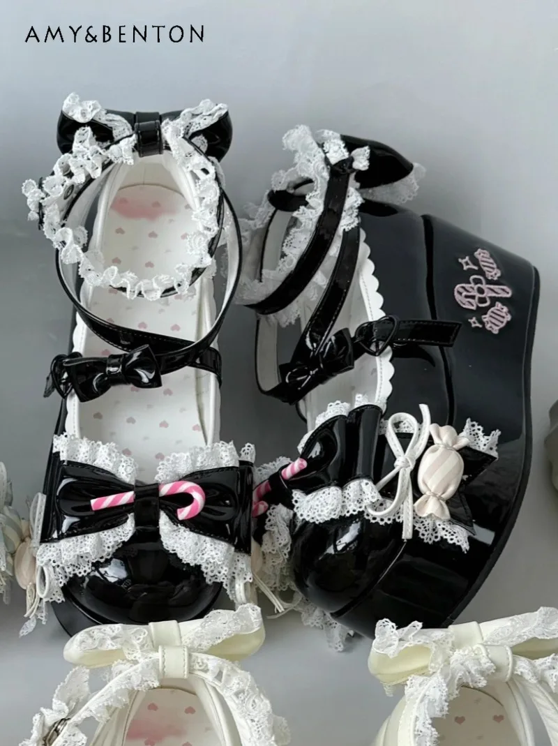 

Original Thick-Soled Lolita Kawaii Sweet Girl Versatile Bow Lace Patchwork Round-Toe High Heels Elegant Princess Platform Heels