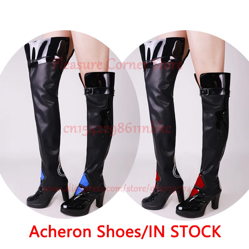 IN Stock Acheron Cosplay Shoes Long Boots Pu Leather High Heels Shoes Acheron Cosplay Props