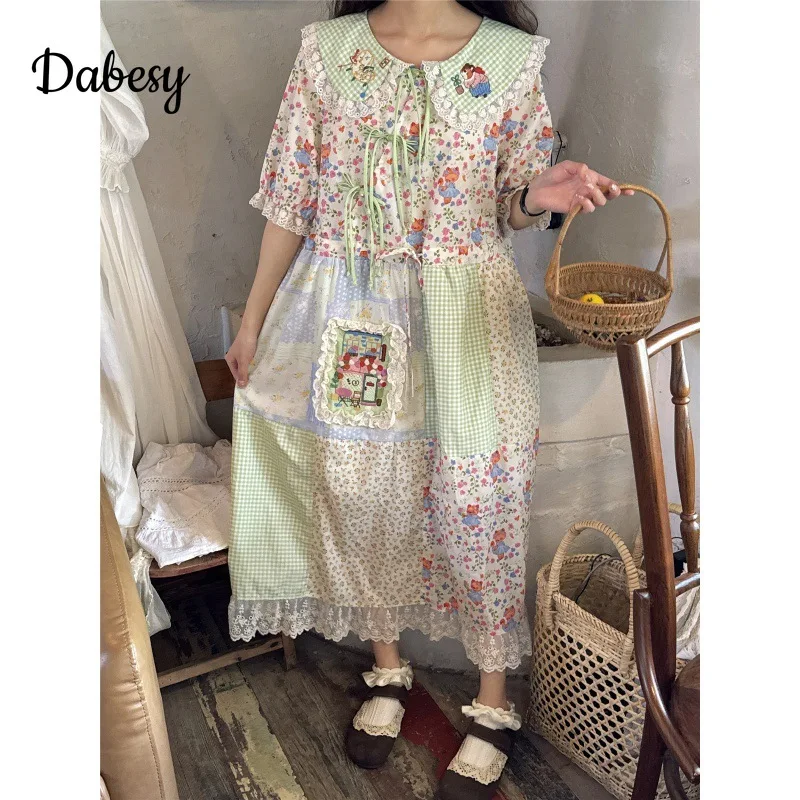 Vintage Green Plaid Patchwork Cotton Linen Dress Women Summer Japan Peter Pan Collar Lace-up Kawaii Dress Casual Female Vestidos