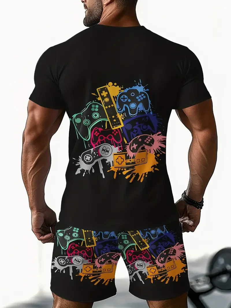 Men's Fashionable Casual Short Sleeved Shorts 3D Set