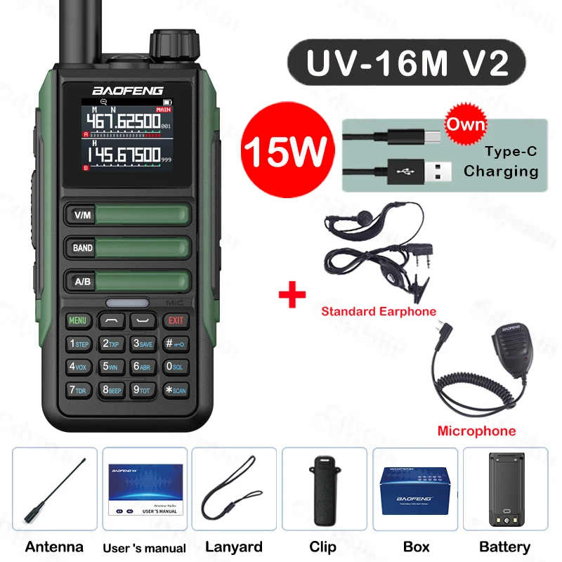 Upgrade Baofeng UV16M V2 Walkie Talkie 15W Hoge capaciteit AM FM 2-weg radio Volledige band LCD 999CH Frequentie Kopie NOAA Ruisonderdrukking