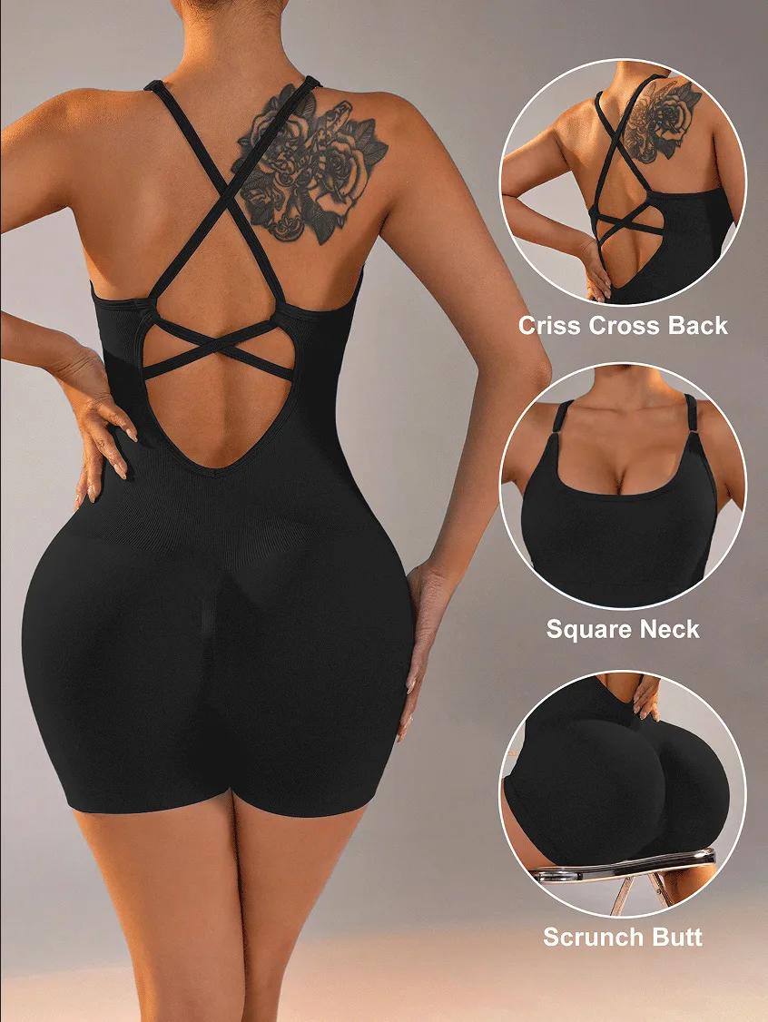 Sexy Fitness Jumpsuit Women Cross Adjustable Sports Playsuit Running One Piece Yoga Suit Scrunch Shorts Backless Set Romper