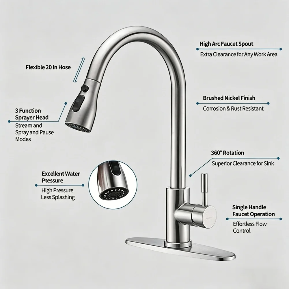 Stainless Steel Kitchen Faucet with Pull Out Sprayer 60cm Flexible Hose Dual Stream Spray Function Silver Black