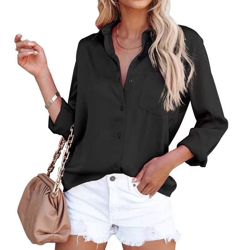 Acetate Silk Solid Color Long Sleeved Business Women's Top Shirt for Women