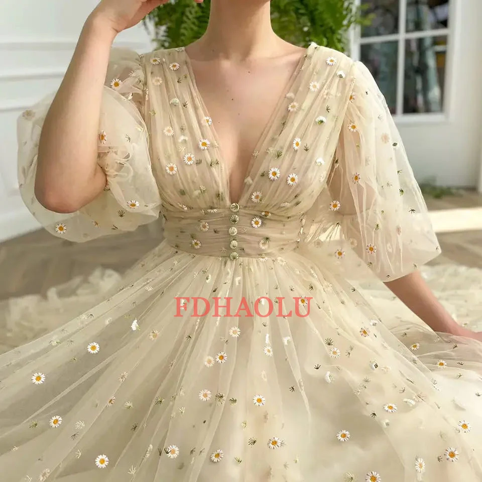 الخامس الرقبة أصفر فاتح تول ميدي فساتين لحضور الحفلات الموسيقية نصف نفخة الأكمام المطرزة الدانتيل فساتين السهرة طول الكاحل فستان الحفلات حسب الطلب