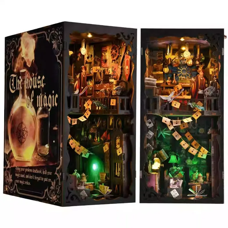

HotSelling DIY 3D Wooden Wizard House Book Nook Kit, Creative Assembly Bookend Model Bookshelf Decor Birthday Gift for Hobbyists