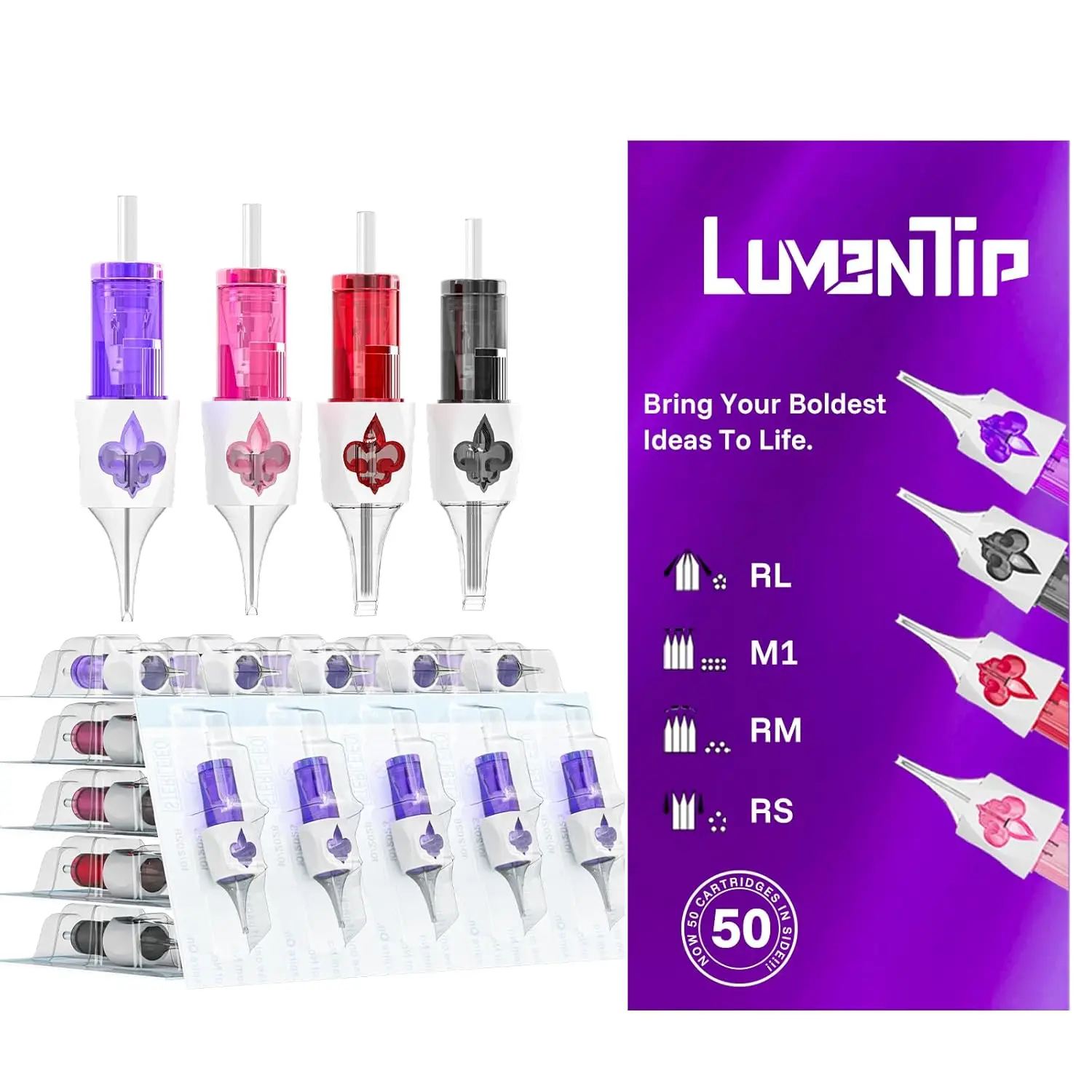 

50PCS Mixed Sizes Tattoo Cartridge Needles with Finger Ledge - #12 Standard RL/RS/RM/M1 Disposable for Tattoo Gun
