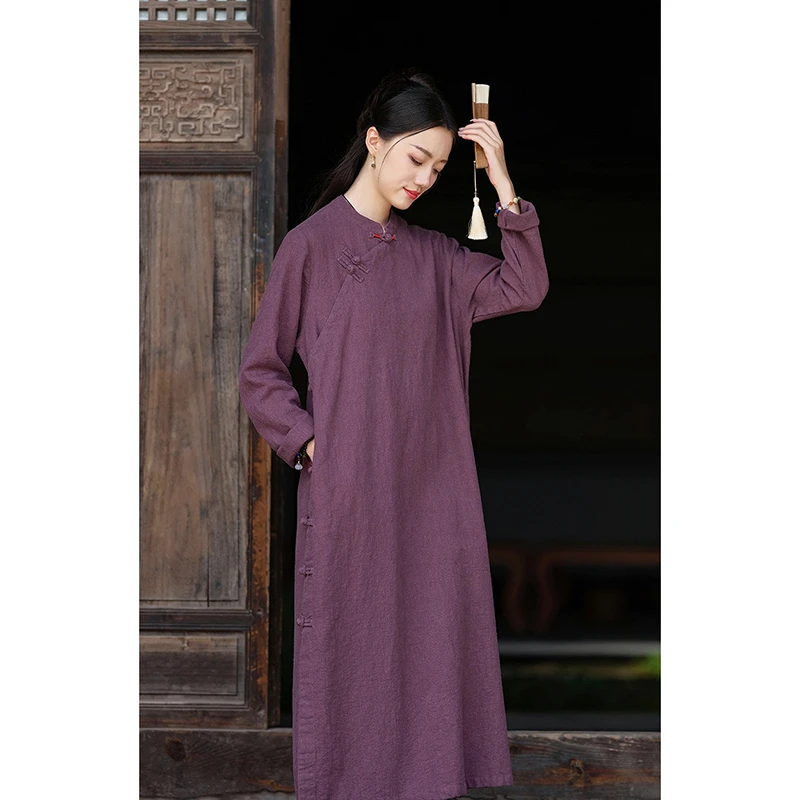 

2025 New Arrival Spring Women Dress Loose Casual Single Breasted Straight Vintage Ramie Button Design Ankle-length Dresses Y123