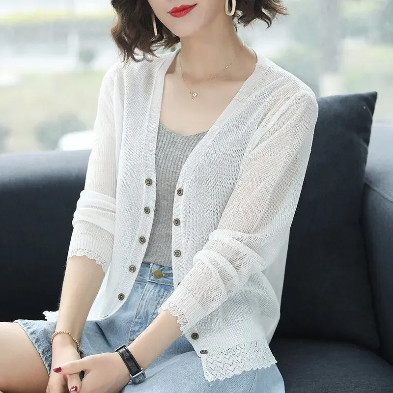 

Lace Long Sleeve Knitted Cardigan Single-breasted Women Coat Korean Fashion Thin Tops Sun Protection White Cardigan