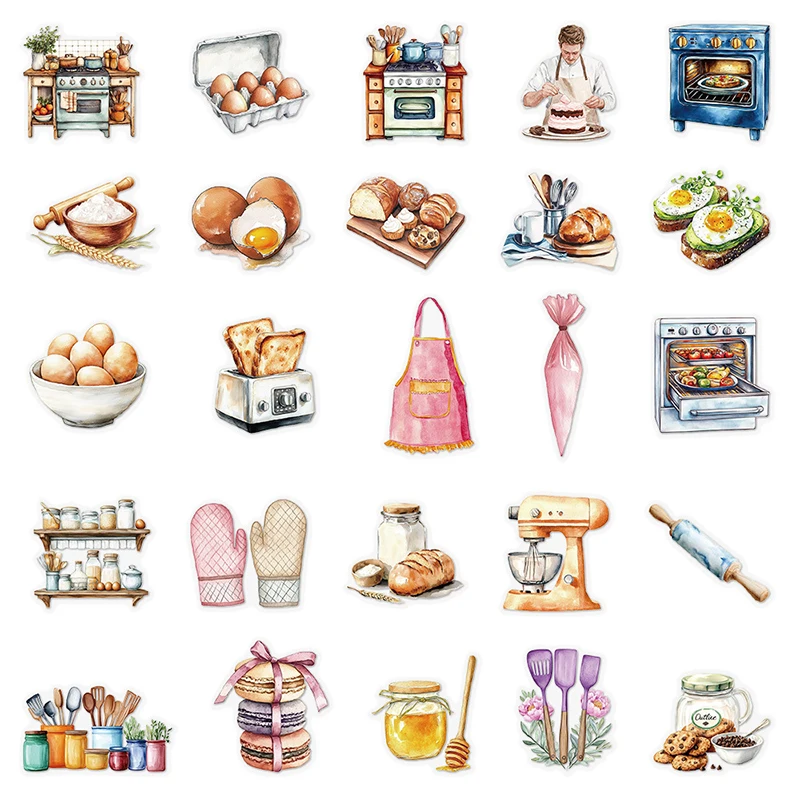 50PCS Baking Theme PET Material Graffiti Stickers DIY Aesthetic Diary Laptop Fridge Suitcase Decoration Scrapbooking Decals Toys