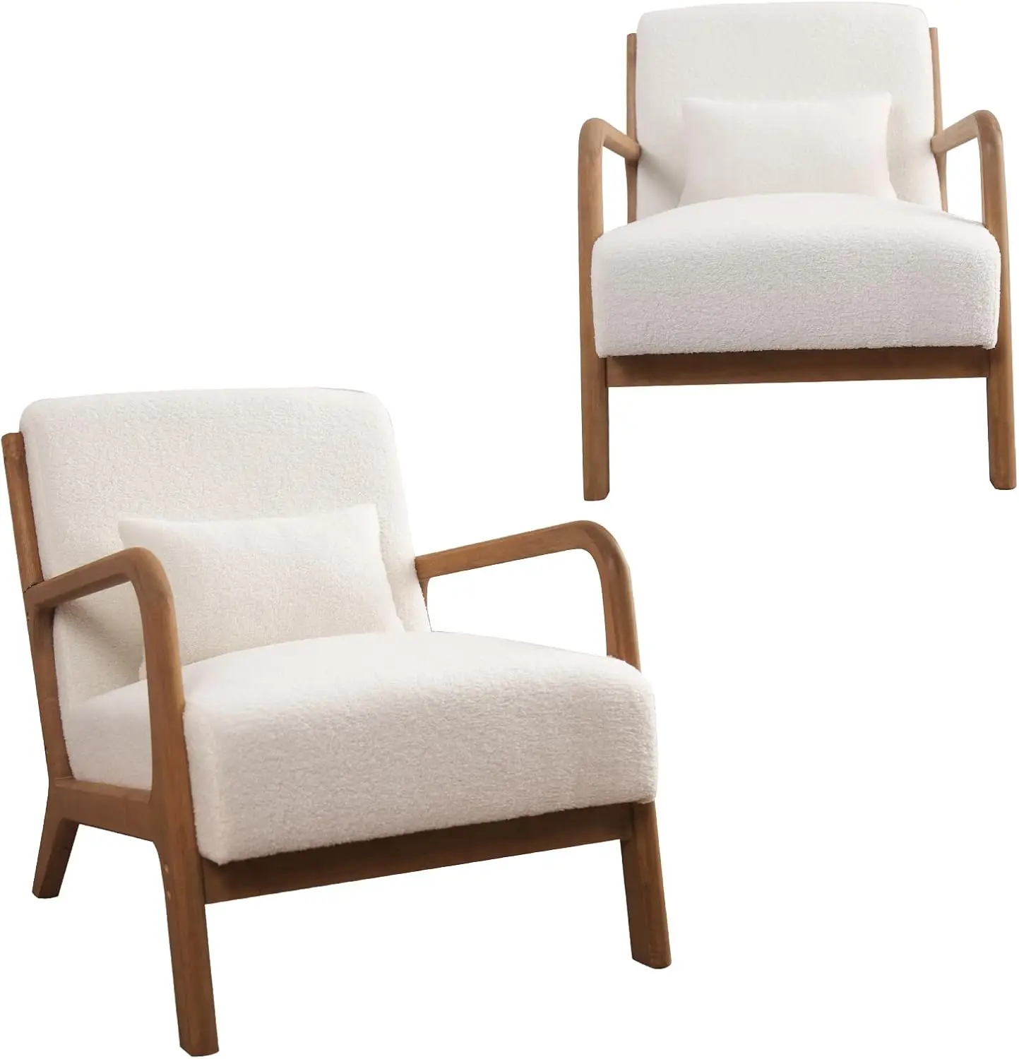 Mid Century Modern Accent Chair Set of 2, Lamb Wool Fabric Living Room Chairs with Waist Cushion, Upholstered Reading Armc