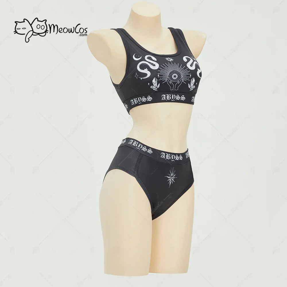 MEOWCOS Halloween Gothic Black Women Lingerie Top and Brief Set Dark Style Sports Tank Top Set