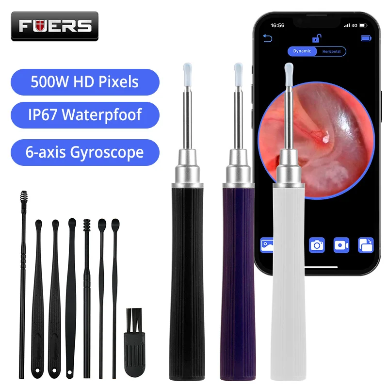FUERS Viusal Ear Endoscope Camera WIFI APP 5MP Ear Wax Removal Kit Otoscope Camera Ear Cleaner 6 Ear Pick Wireless Ear Camera