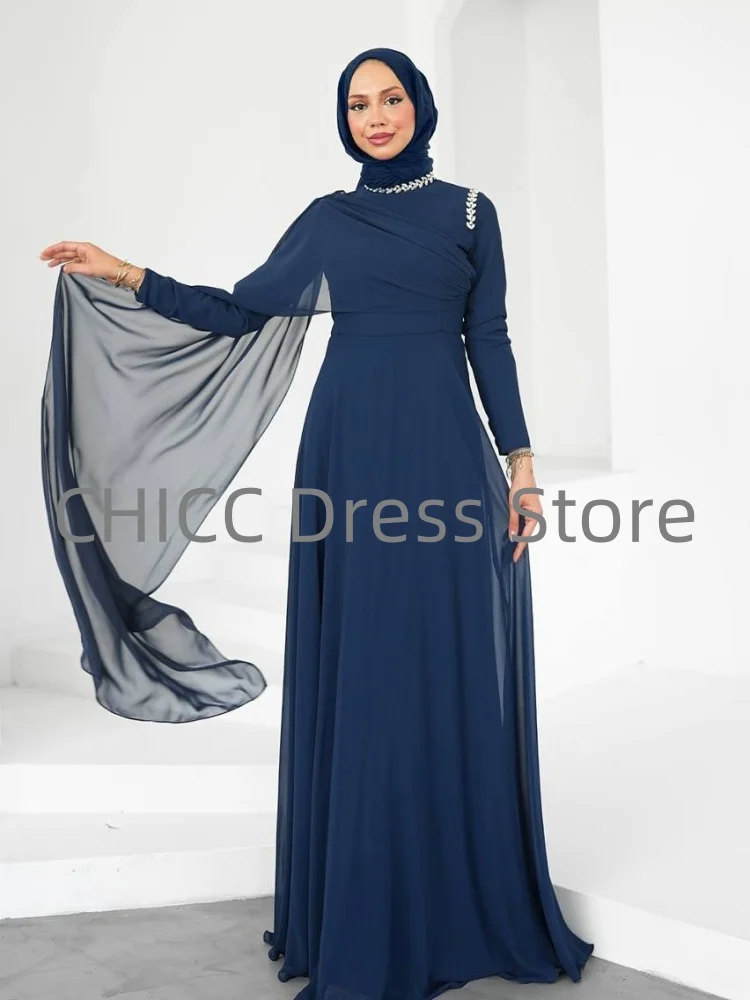 Скромные вечерние платья с накидкой, высоким воротом и длинными рукавами, торжественное платье для выпускного вечера, хиджаб, трапециевидное платье со складками и бисером, мусульманское платье Custiomized