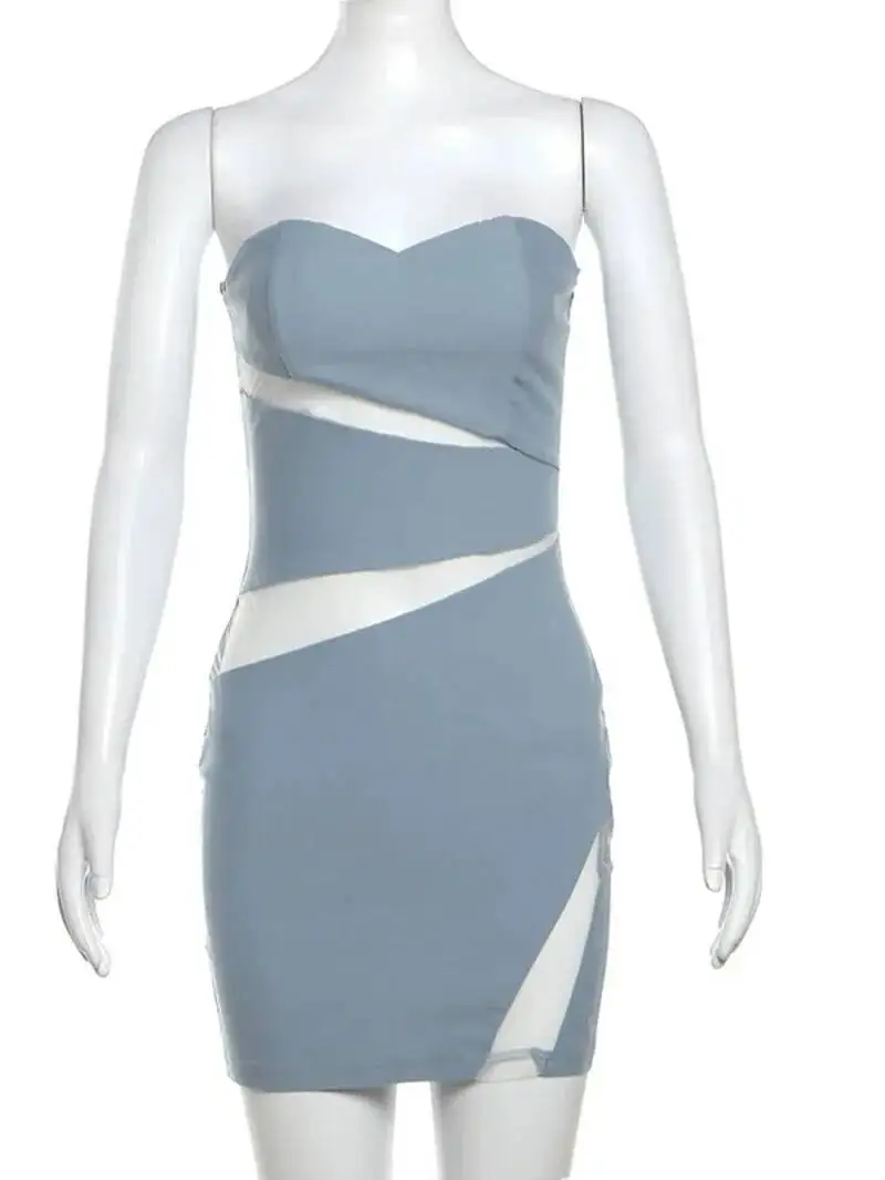 เดรสสั้นรัดรูปทรงเข้ารูป ดีไซน์ผ้าตาข่ายโปร่งบาง สไตล์มินิเดรส สายเดี่ยว รุ่นใหม่สำหรับฤดูร้อน สีฟ้าหวาน รุ่น PSW4