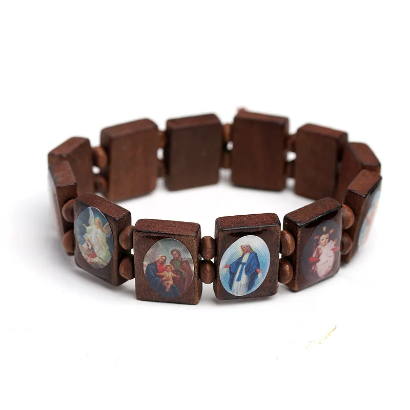 Natural Wooden Catholic Bracelet Unisex Jesus and Virgin Mary Christian Faith Religious Jewelry Rosary Bracelet Dropshipping
