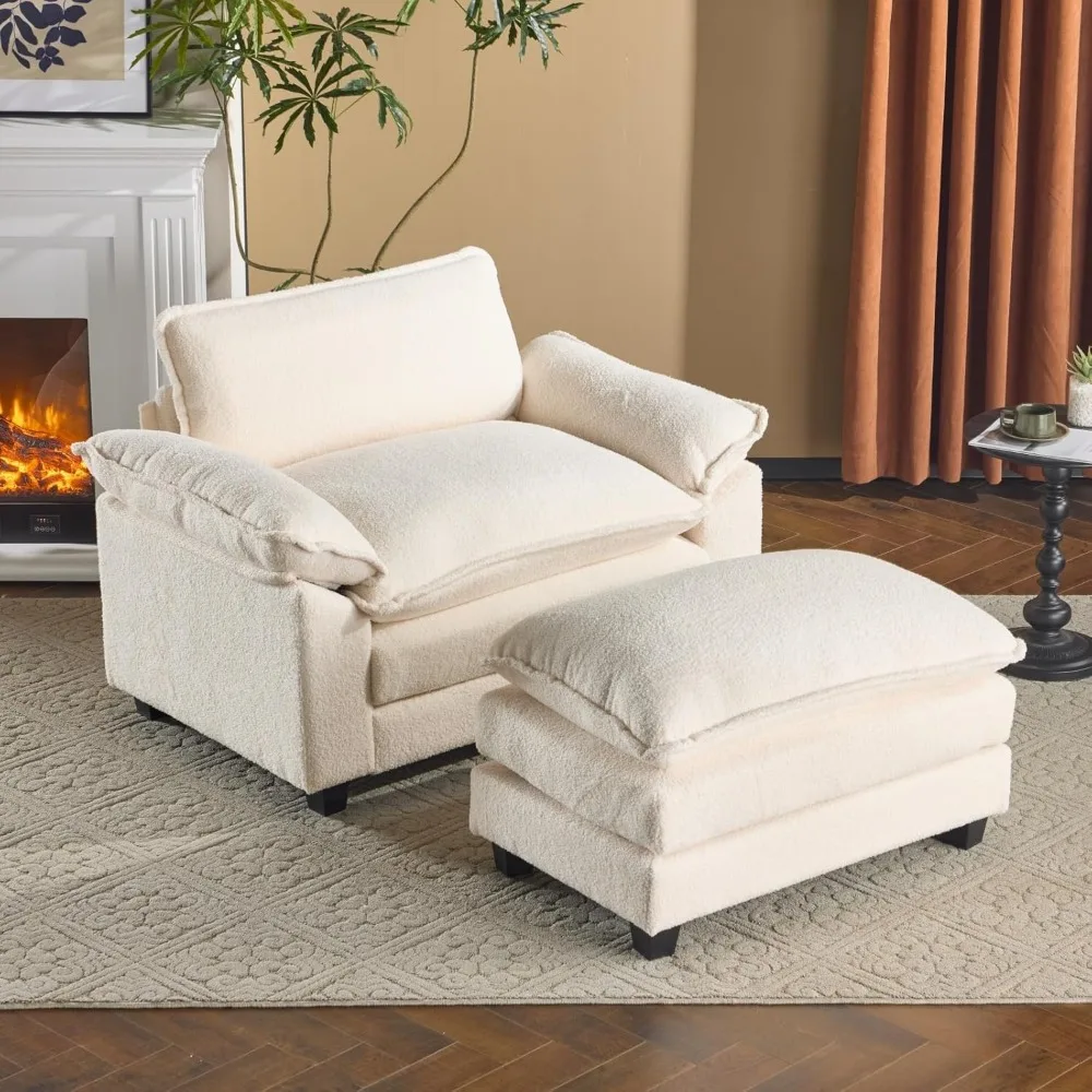 

Oversized Sofa Chair and a Half with Deep Seat & Movable 2-Layer Ottoman Set, Comfy Cloud Sofa Bed with Chaise, 1-Seater Modula