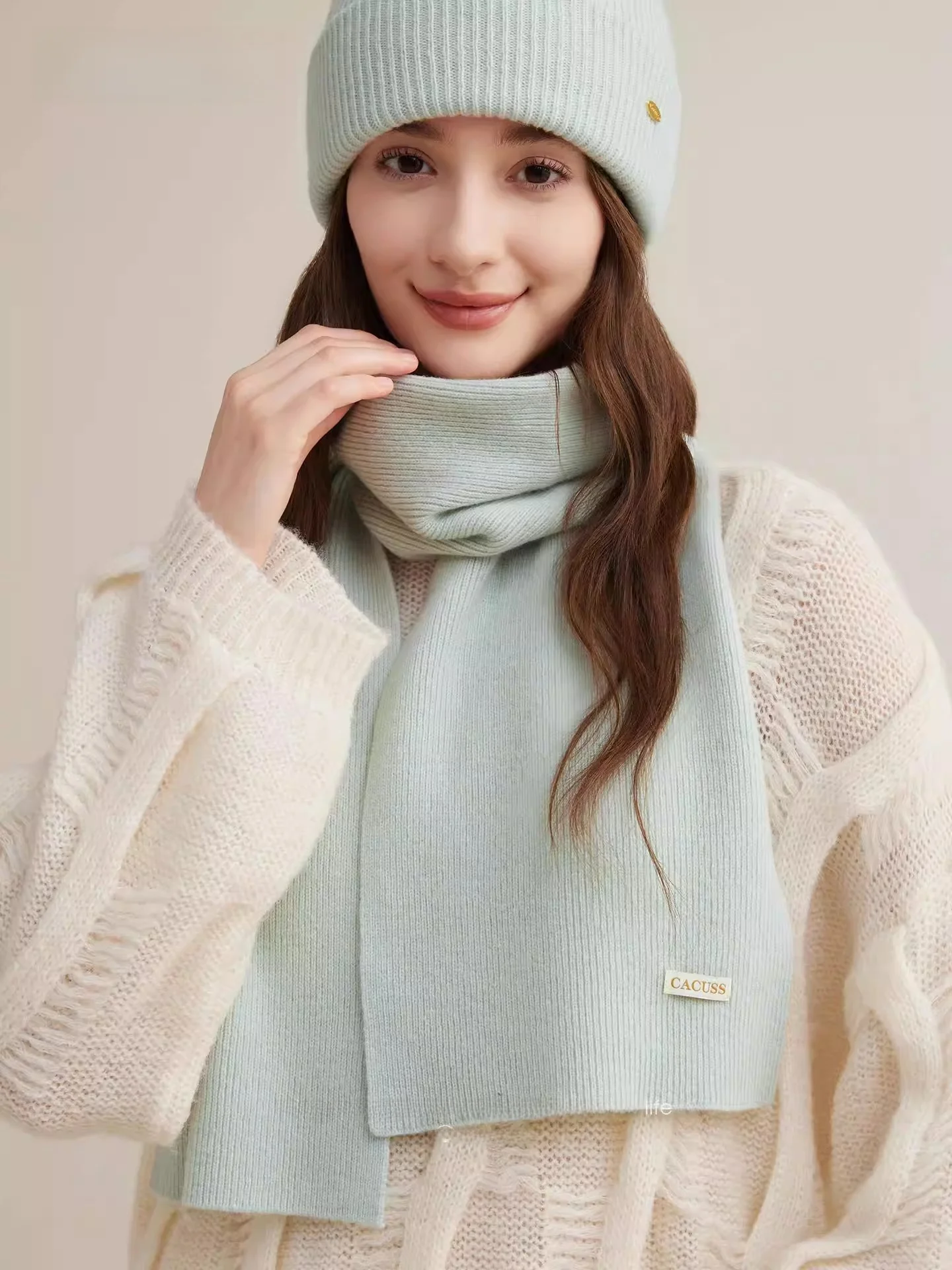 cacuss-pure-wool-knitted-scarf-women's-winter-color-korean-faion-simple-versatile-warm-woolen-ne-warmer
