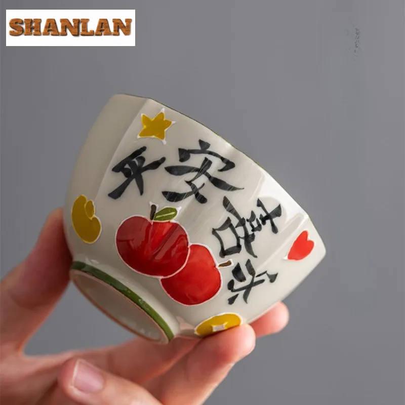 Hand Drawn Peace And Joy Ceramic Teacup Grass Ash Master Cup Tasting Tea Bowl Meditation Cup Personal Mug Kung Fu Tea Set Gifts image 3