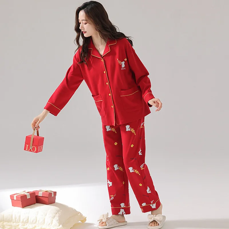 Women\'s Pajamas Autumn Winter Pure Cotton Long Sleeved Red Christmas Home Wear Set Casual Plus Size Pyjamas Female M-3XL