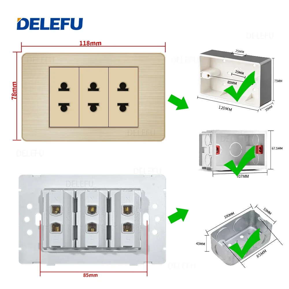 DELEFU Stainless Steel Gold Panel Thailand Switch Socket Computer USB Type C Wall Power Socket