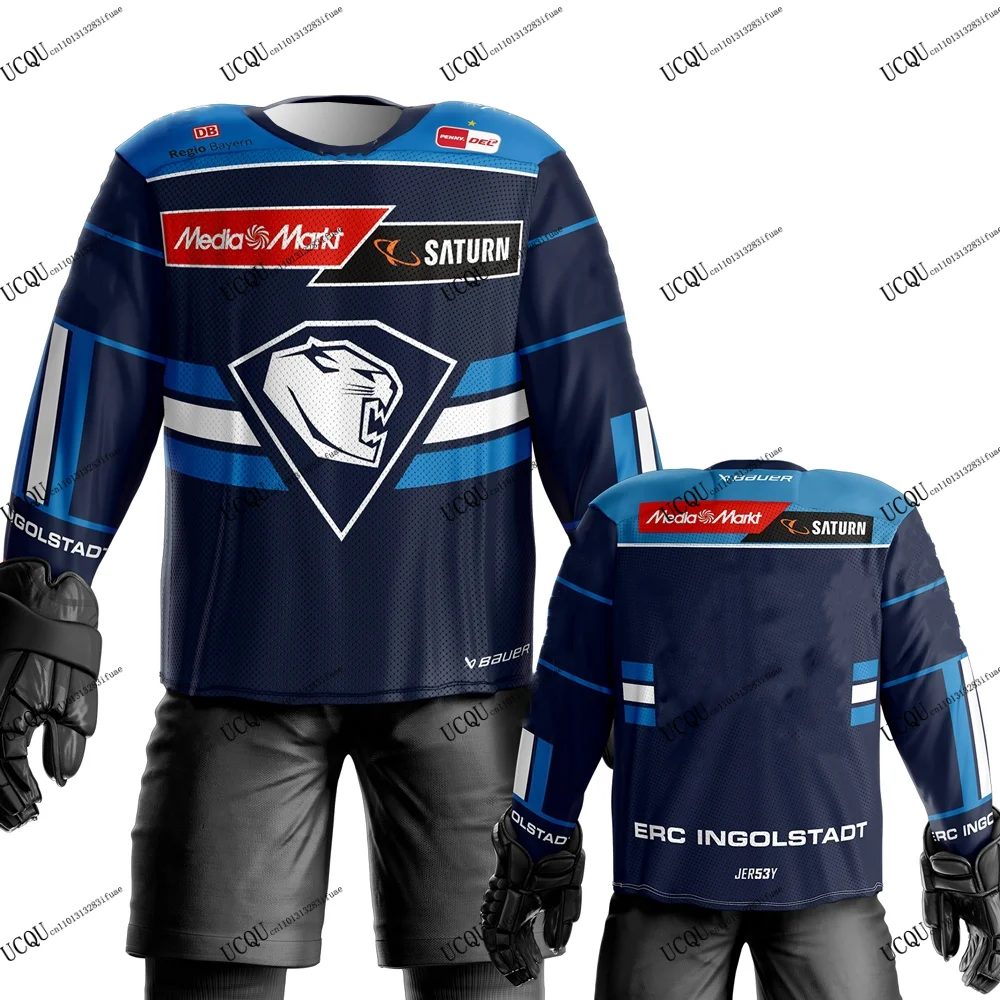 ERC Ingolstadt Home Away 2025-26 Deutsches Hockey-Trikot, 3D-gedrucktes Langarm-T-Shirt mit Rundhalsausschnitt, Sport, Erwachsene, lässig, KINDER, Unisex