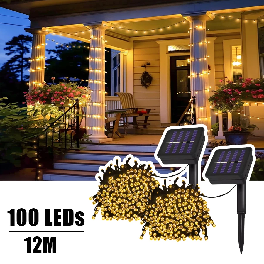 

100 светодиодов, 12 м, солнечные гирлянды, 8 режимов, рождественские украшения, уличный солнечный сказочный свет, водонепроницаемый для садовых свадебных деревьев