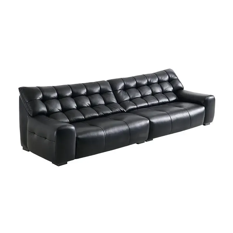 

Italian minimalist leather sofa large apartment living room big black cow sand Foshan retro black diamond sofa