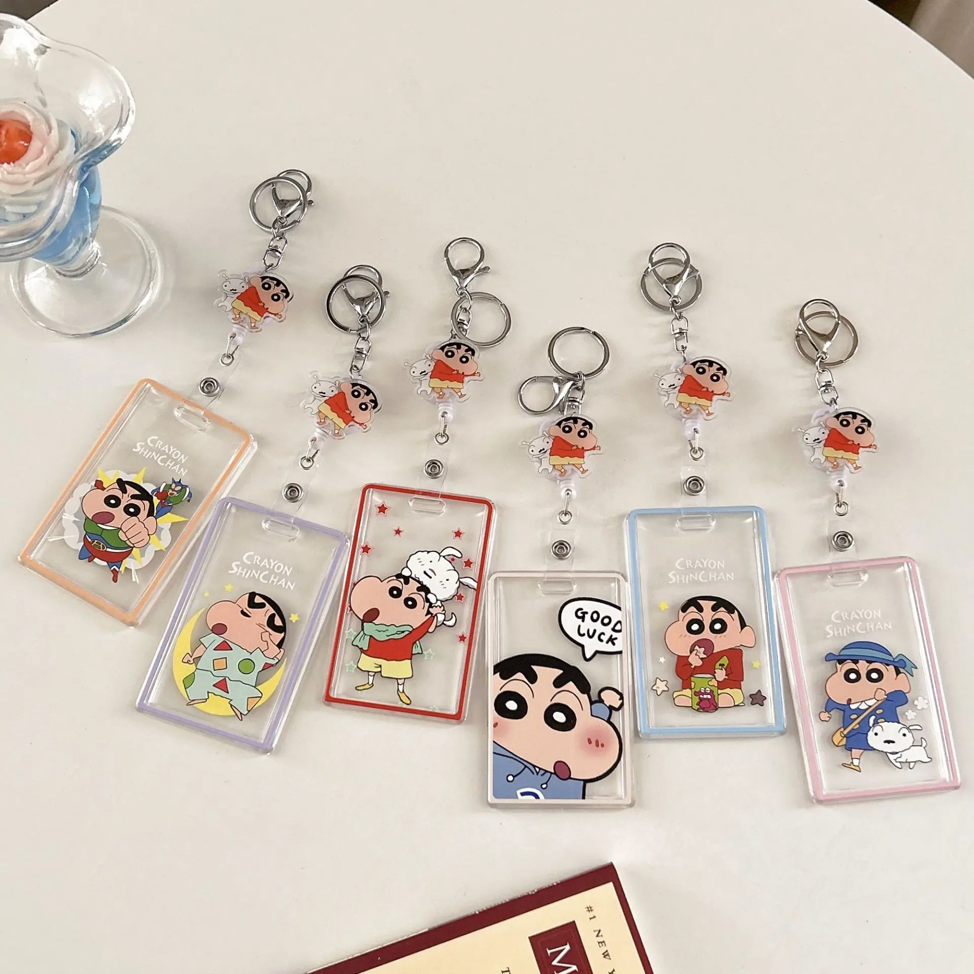 Crayon Shin-Chan Transparent Card Holder Keychain Anime Stretchable Embedded Card Sleeve Keyring Bus Student ID Card Holder Gift