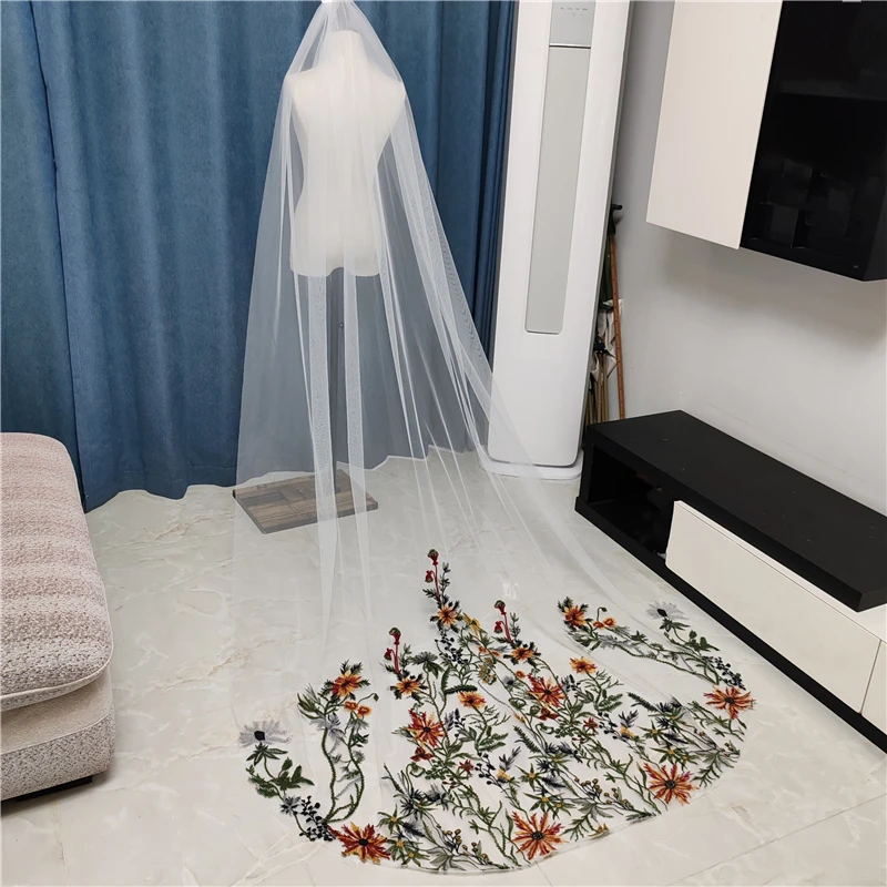 Colored Floral Wedding Bridal Veils Embroidered Lace White Ivory Tulle Cathedral Long Black Green Red Yellow Leaves Flowers