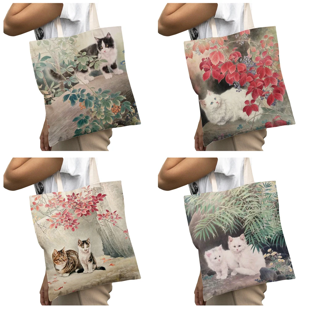 Chinese Ink Cartoon Cat Casual grande capacità Shopper Bag Animal Canvas Lady Travel Tote Handbag per le donne Shopping Bags