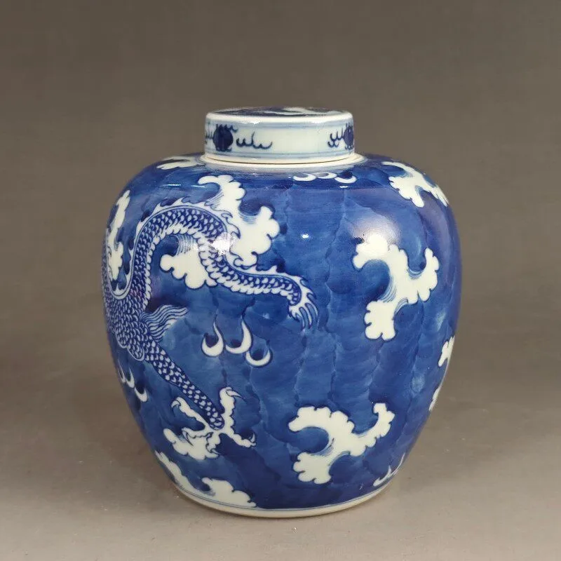 Chinese Blue and White Porcelain Pot Tea Caddy Qing Kangxi Dragon Pattern 5.71