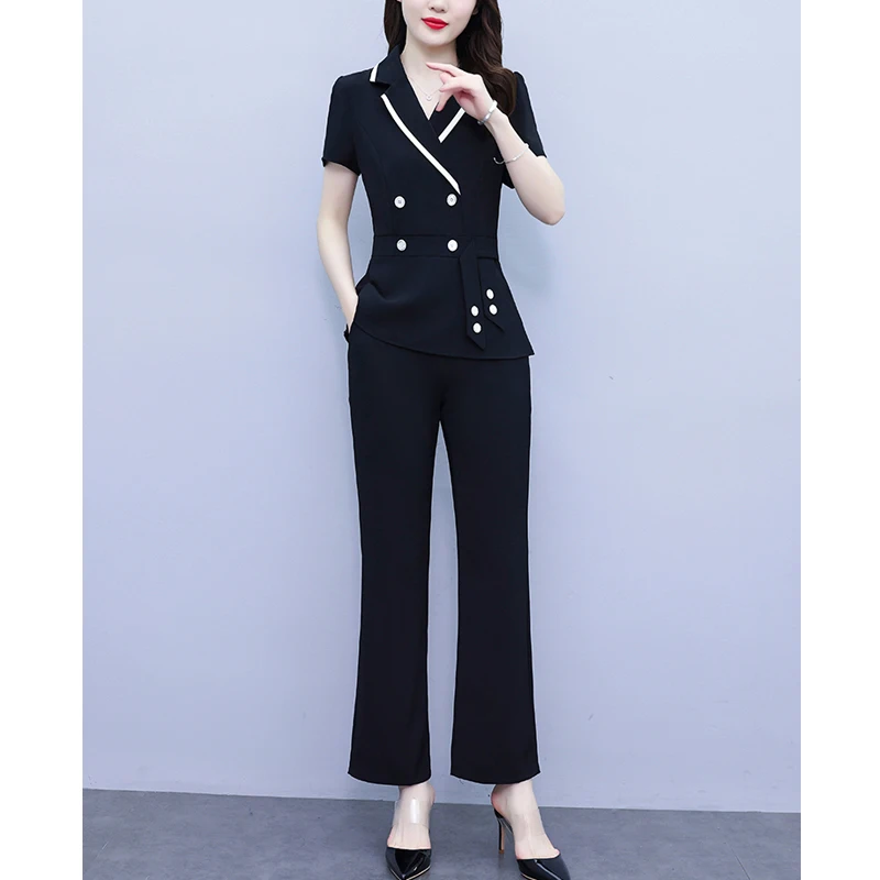 

Summer Office Two-piece Set For Women Suit Collar Tops And Pants Female Large Size Slim Solid Color Black Khaki Matching Suits