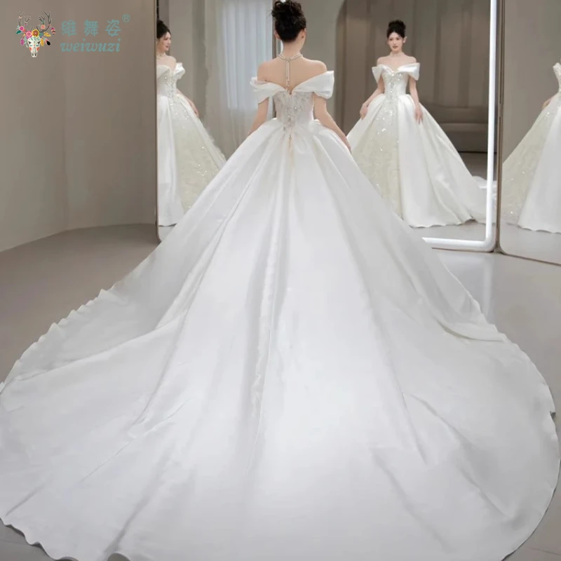 2025 신규 맞춤형 프랑스 스타일 고급 원단 레이스 럭셔리 오프숄더 임부복 웨딩드레스