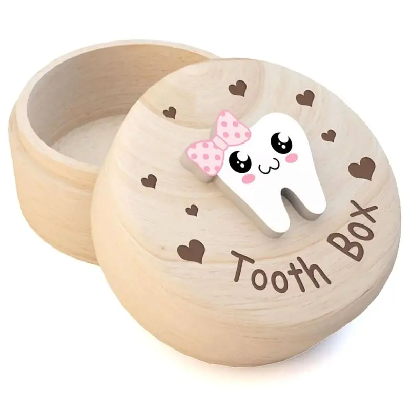 YSUN-Heart Carved Wooden Box Storage Box With 3D Tooth, Souvenir Dropped Tooth Keepsake Storage Box Gift