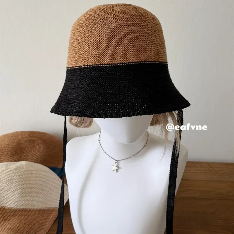 Women's Summer Color Block Patchwork Tie Bucket Hat Breathable UV Protection Slim Cap